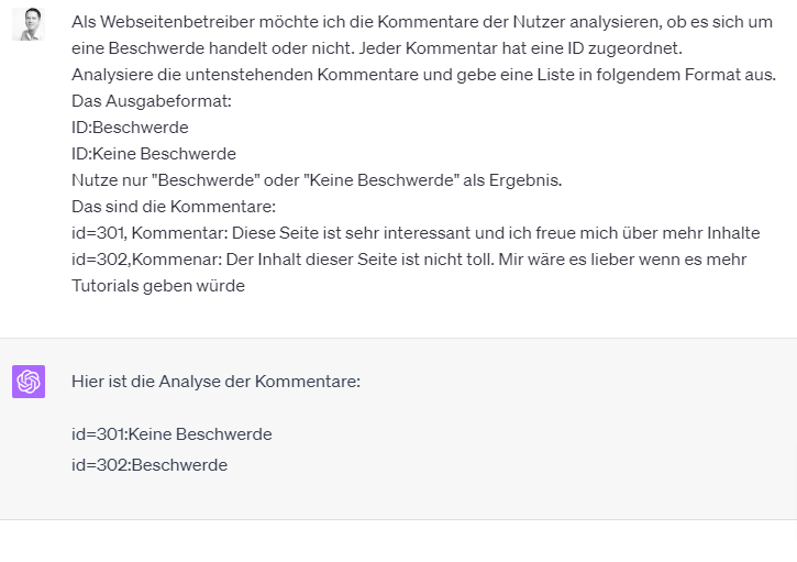 Ein Prompt, der ChatGPT auffordert die Kommentare zu bewerten