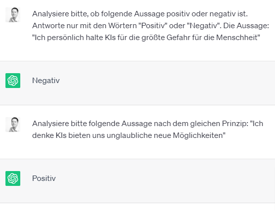 Dieses Bild zeigt ein Beispiel dafür, wie ChatGPT das Stimmungsbild von Aussagen bewertet